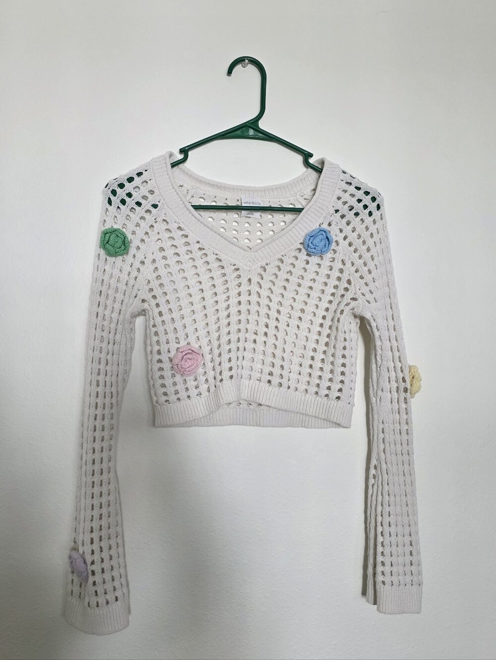 wild fable Cream Open-Knit Cropped Sweater with Pastel Flower Accents